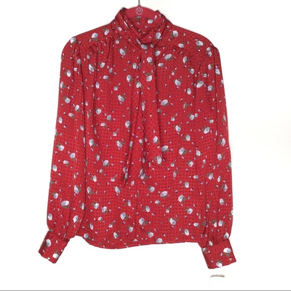 Vintage Pendleton Top Womens 6P Red Floral Tie Bow Cottagecore Prairie Deadstock - Picture 1 of 7